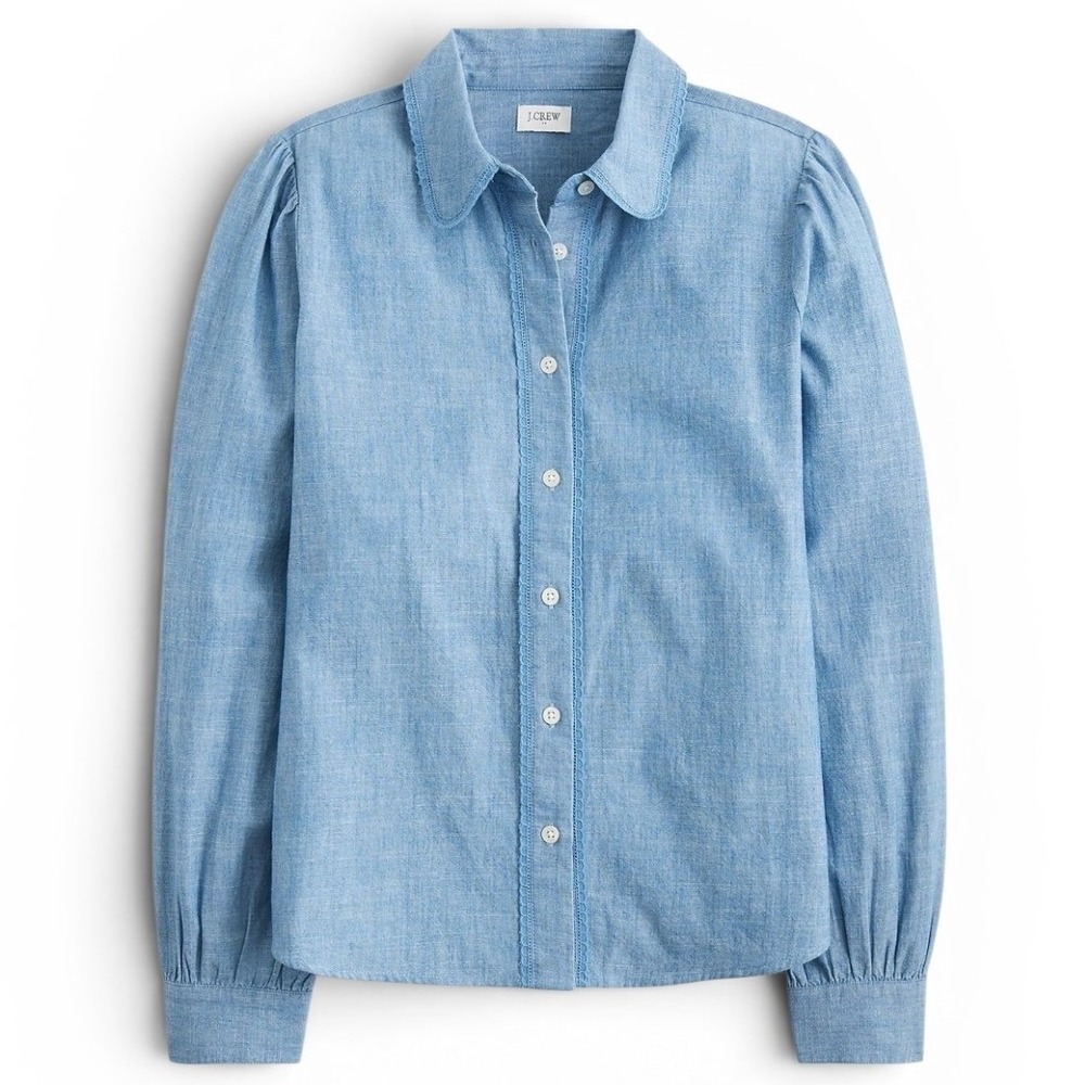J.Crew Womens XL Blue Chambray Lace Trim Chambray Button Up Shirt Scallop Trim